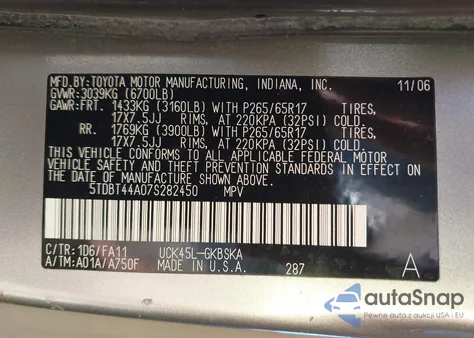 2007 Toyota Sequoia Sr5 V8 from USA, damaged, VIN 5TDBT44A07S282450